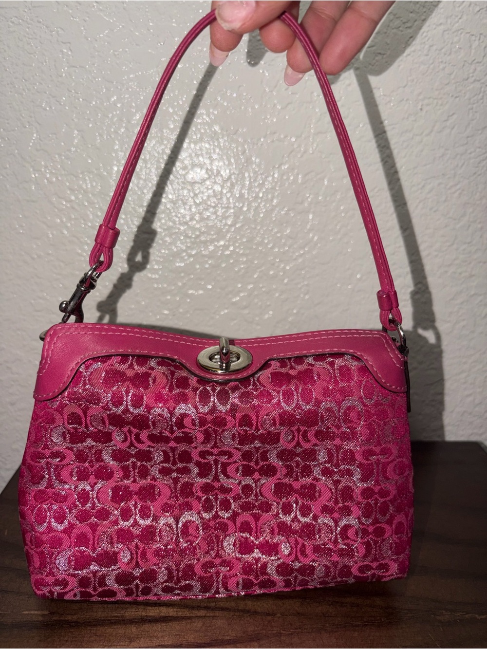 Coach Hot Pink Glitter Optic Lurex Turnlock Mini Bag
